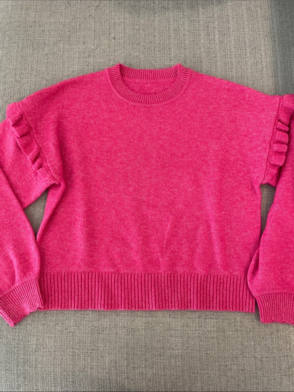 Shiraleah Hot Pink Crewneck Sweater with Ruffle Sleeves